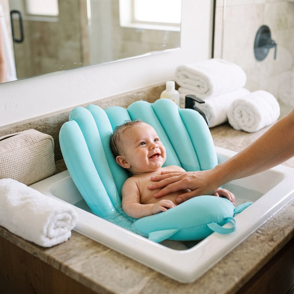 Smiling baby in the Sink Bather in a hotel basin