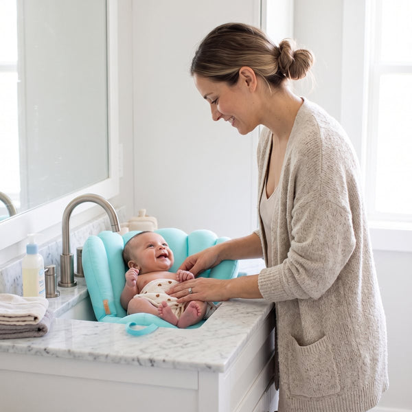 Smiling baby in the Sink Bather in a bathroom basin