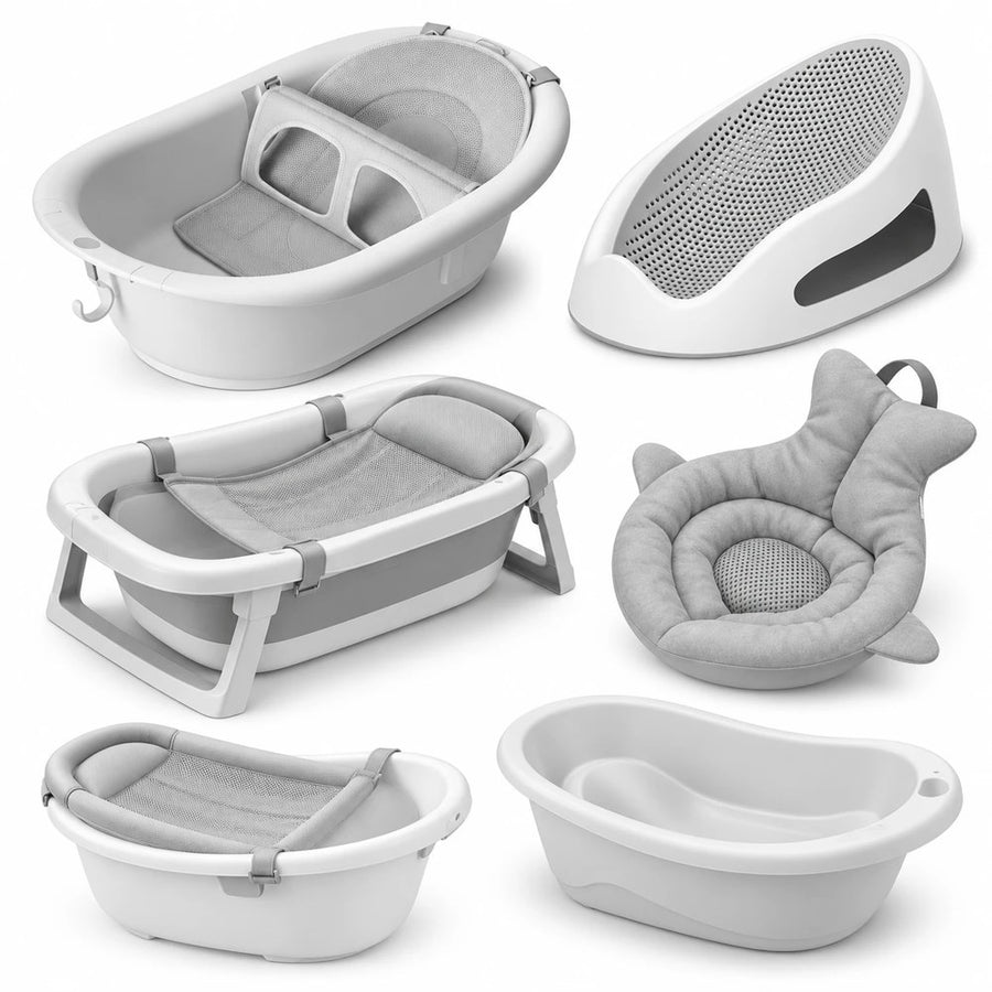 Plastic baby tubs, a bath seat and a soft bather