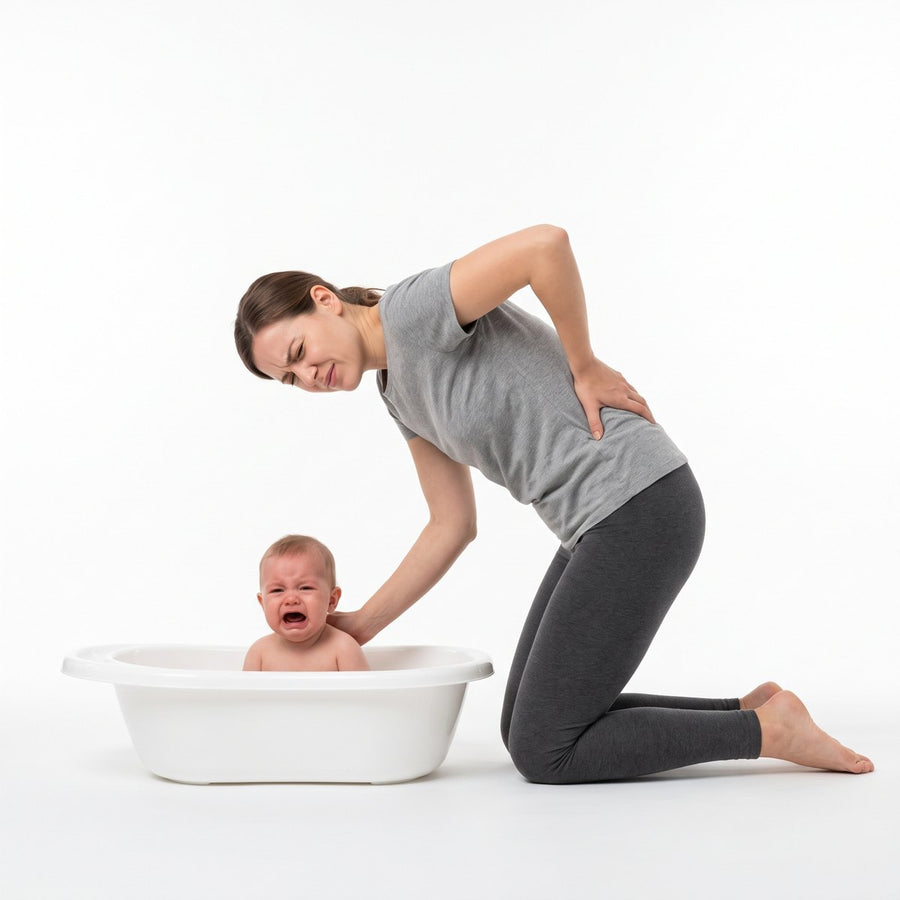 Mum kneeling at a floor tub, wincing with a hand on her back, baby crying