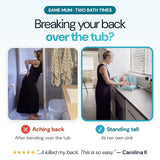 Same mum, two bath times: aching back at the floor tub, standing tall at her own sink