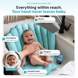 The Complete Bath Set in use: the shell holds baby, the rinser keeps water out of the eyes, the Penguin shows 37°C, and the hooded towel wraps baby after the bath