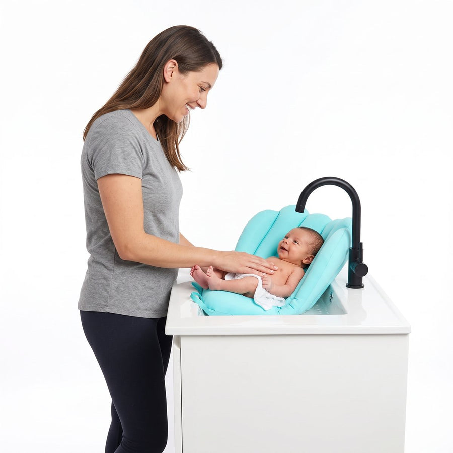 Mum standing straight at the sink with baby in the Sink Bather