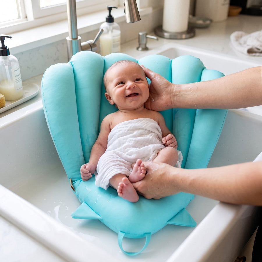 Laying a smiling baby in the shell