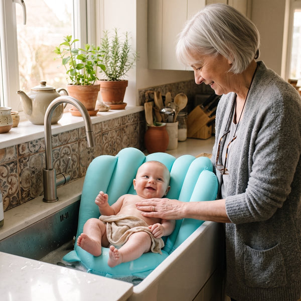 Grandma bathing her smiling grandbaby at her kitchen sink