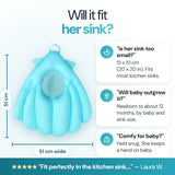 Will it fit her sink? 51 x 51 cm, newborn to about 12 months depending on baby and sink