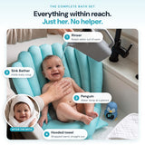 Everything within reach. Just her. No helper: the shell, rinser, Penguin thermometer and hooded towel