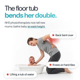 The floor tub bends her double. NHS physiotherapists now tell new mums: bathe baby at waist height